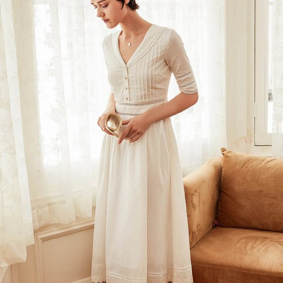 NEW — Simple Retro 100% Cotton Vintage White V-Neck Midi Victorian Dress - Picture 3 of 13